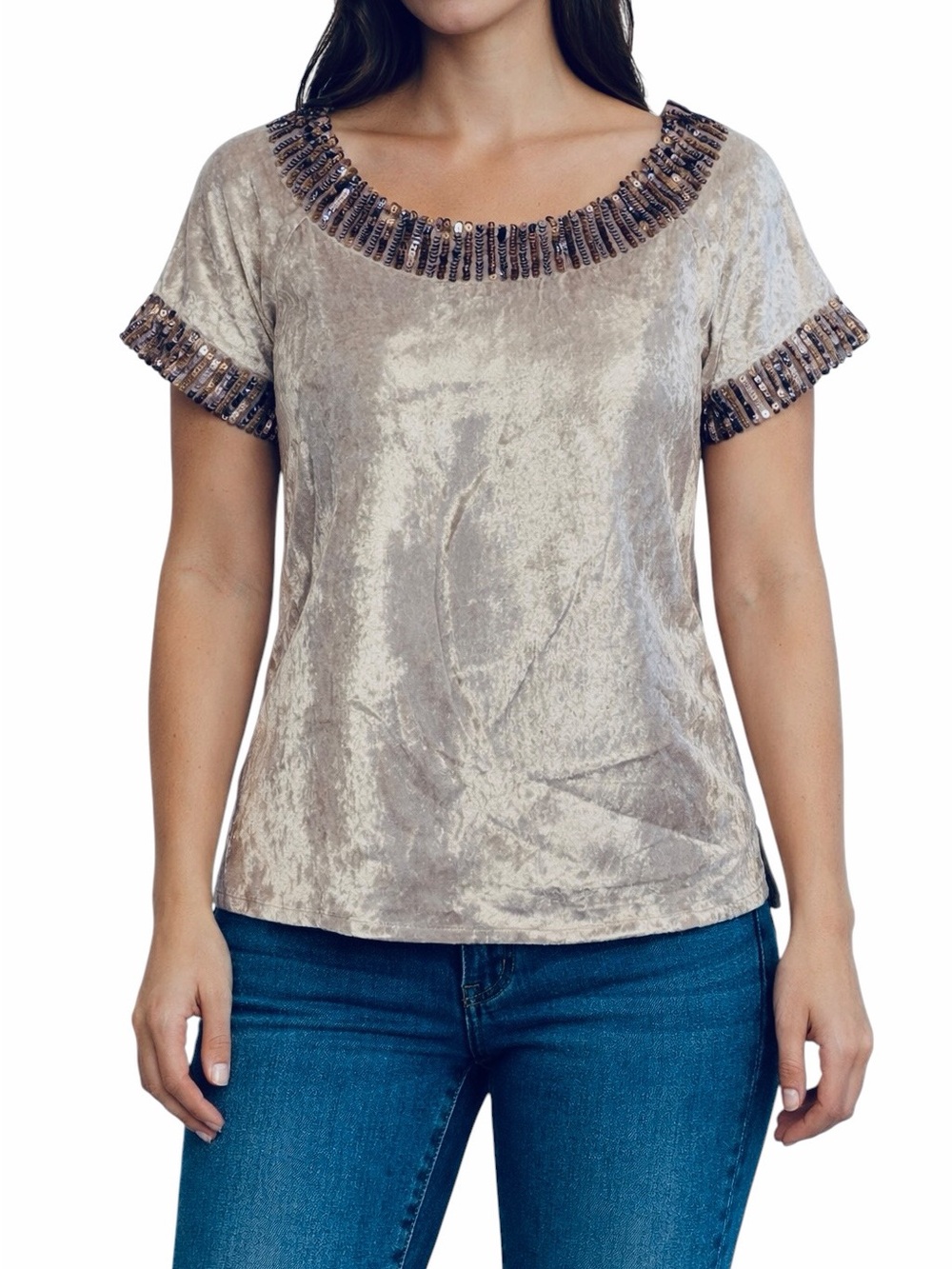 Monroe & Main Velvet Sequin Boxy Tunic Retro Casual Dinner Party Guest Top